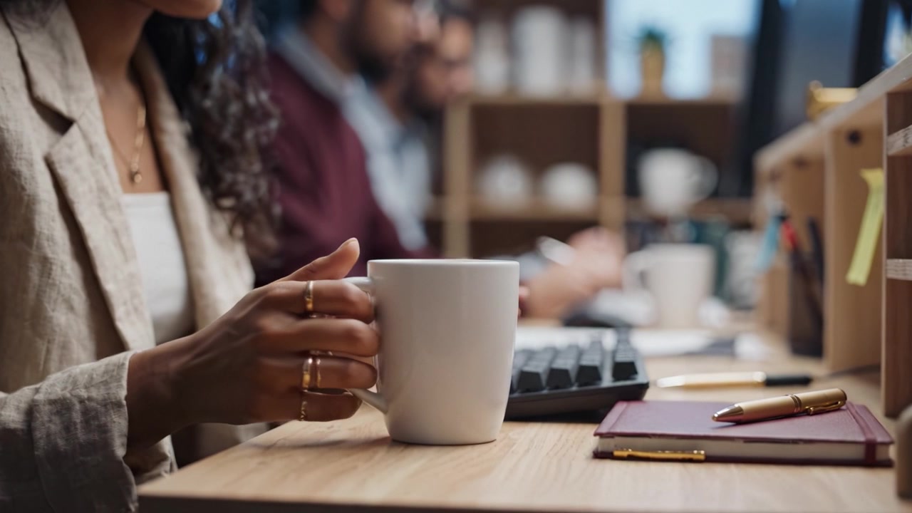 A Person Enjoying Coffee at a Desk While Engaged in Work, Showcasing a Calm and Focused Environment with Tools for Creativity and Productivity