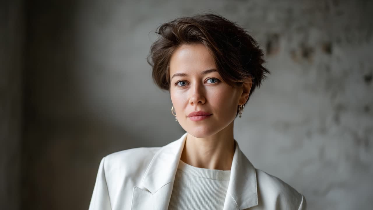 Ritratto accattivante di una giovane donna in un elegante blazer bianco, che mette in mostra eleganza e sicurezza su uno sfondo minimalista