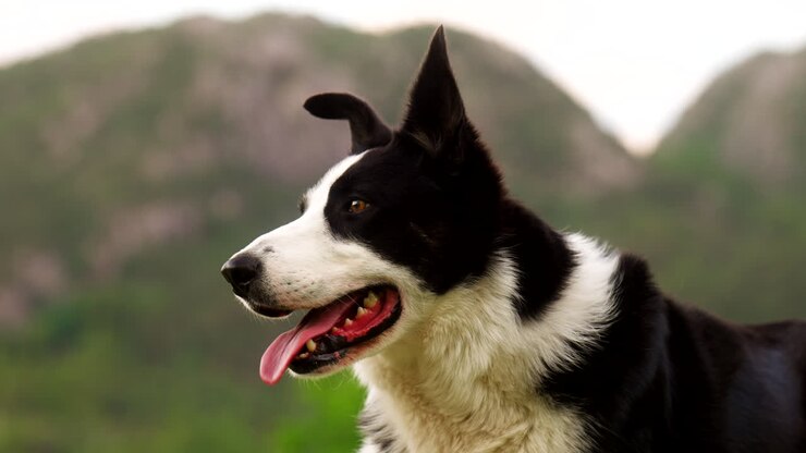Border Collie, respiro affannoso, lingua di fuori, buffo e carino. Pastore di pecore, montagne, Norvegia rurale