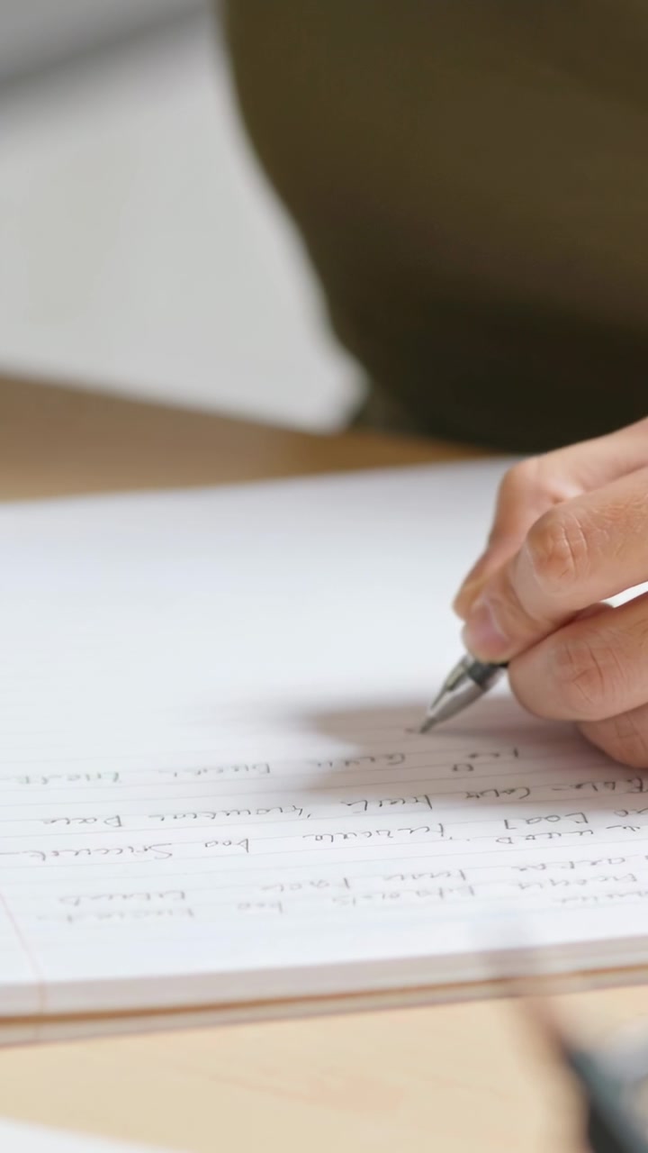 Vertical video: Lowering right hand writing notes on pad at desk with pen, olive top, copy space