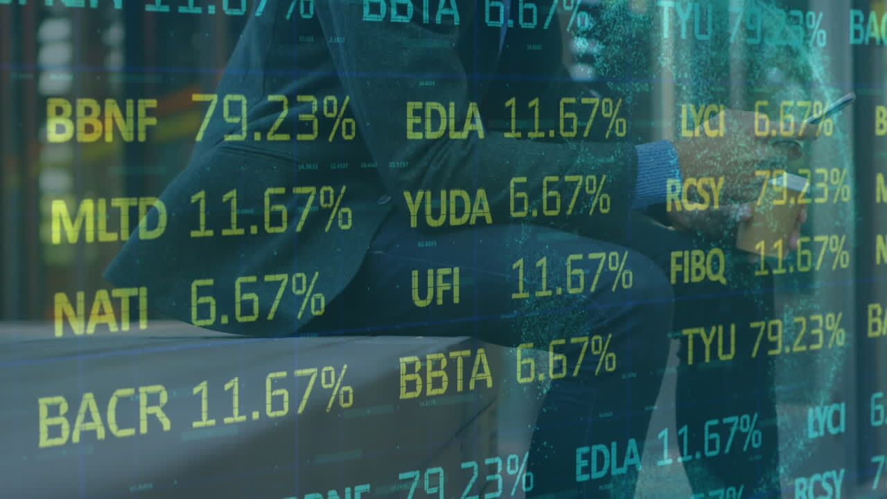 Animation of financial data processing over businessman using smartphone