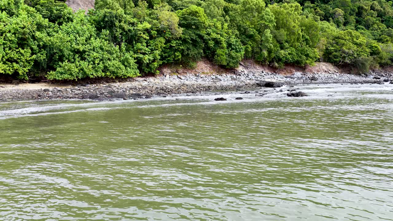 Drone pans above rocky shoreline, mangrove forest, and calm ocean under bright natural daylight