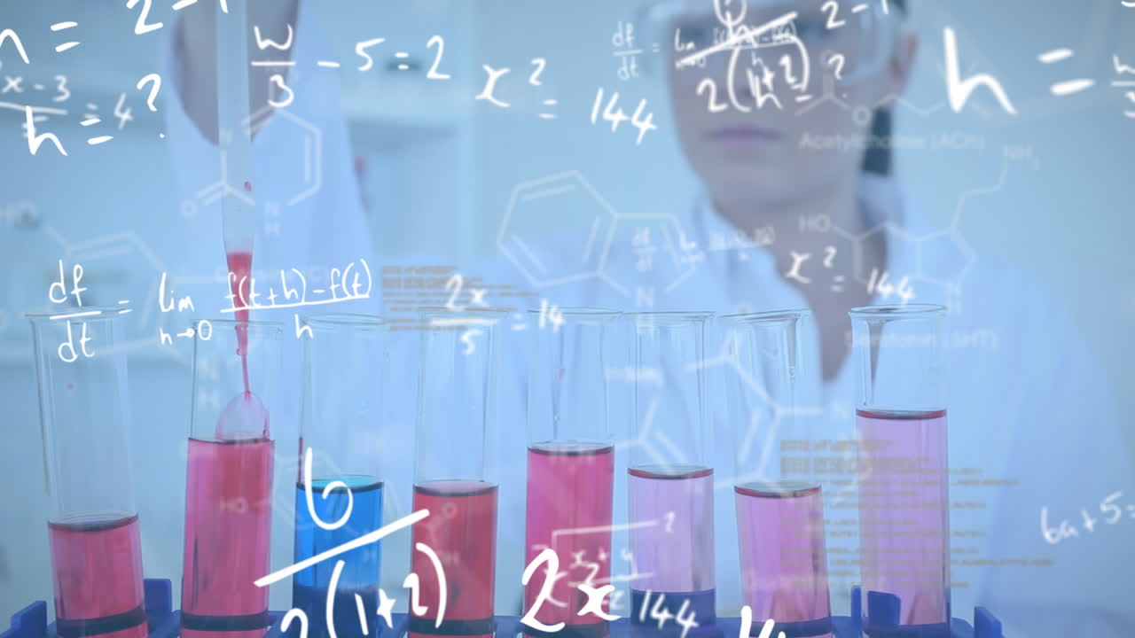 animación de procesamiento de datos matemáticos sobre científicas caucásicas y tubos de ensayo