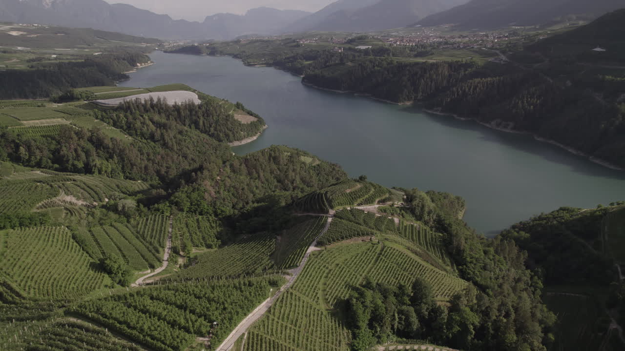 Ripresa con drone che sorvola il Lago di Santa Giustina vicino al Trentino in Italia in una giornata nuvolosa con montagne e acqua circondati da campi verdi e alberi LOG.