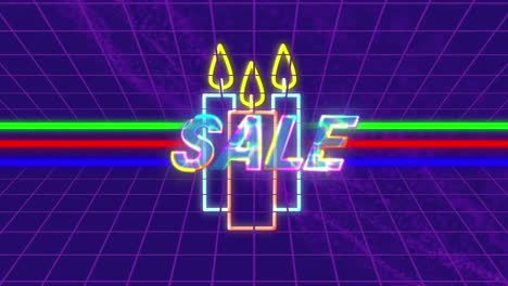 animation of sale text over neon candles and lines on purple background