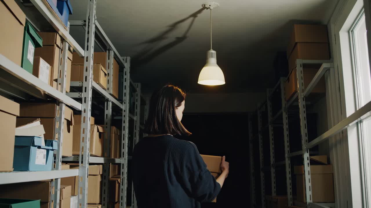 A woman holding a box in a dimly lit storage room, captured from a side angle