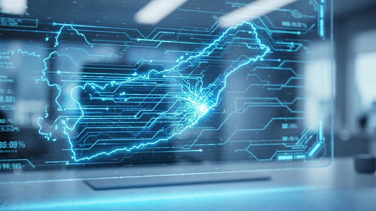 Futuristic Office Setup with Holographic Display of a Country Map Featuring Data Visualization and Network Connectivity in a Modern Workspace Environment