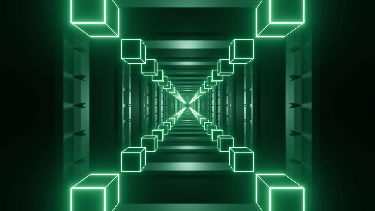 3D render of glowing blue cubes tunnel design