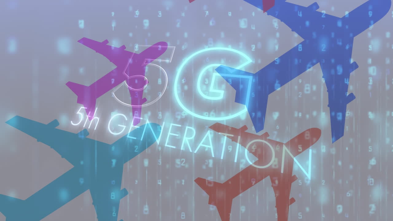 회색 배경에 날아다니는 다채로운 비행기 아이콘에 대한 5g 텍스트 및 데이터 처리