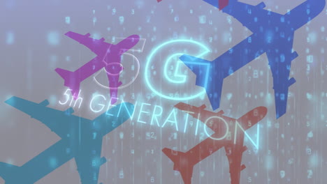 procesamiento de texto y datos 5g contra iconos de aviones coloridos que vuelan contra un fondo gris
