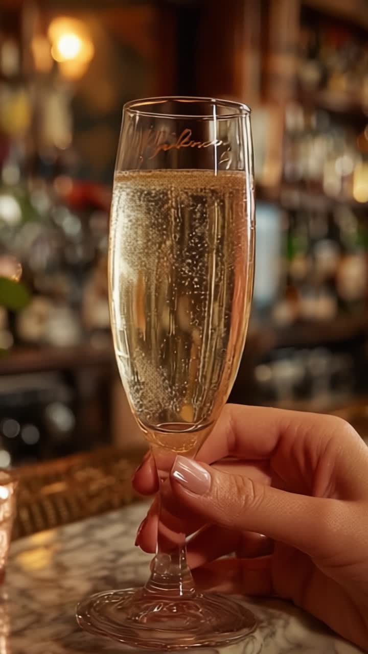 Mano elegante che tiene un bicchiere di champagne frizzante in un'accogliente atmosfera da bar, catturando la celebrazione e la raffinatezza in ogni bollicina.