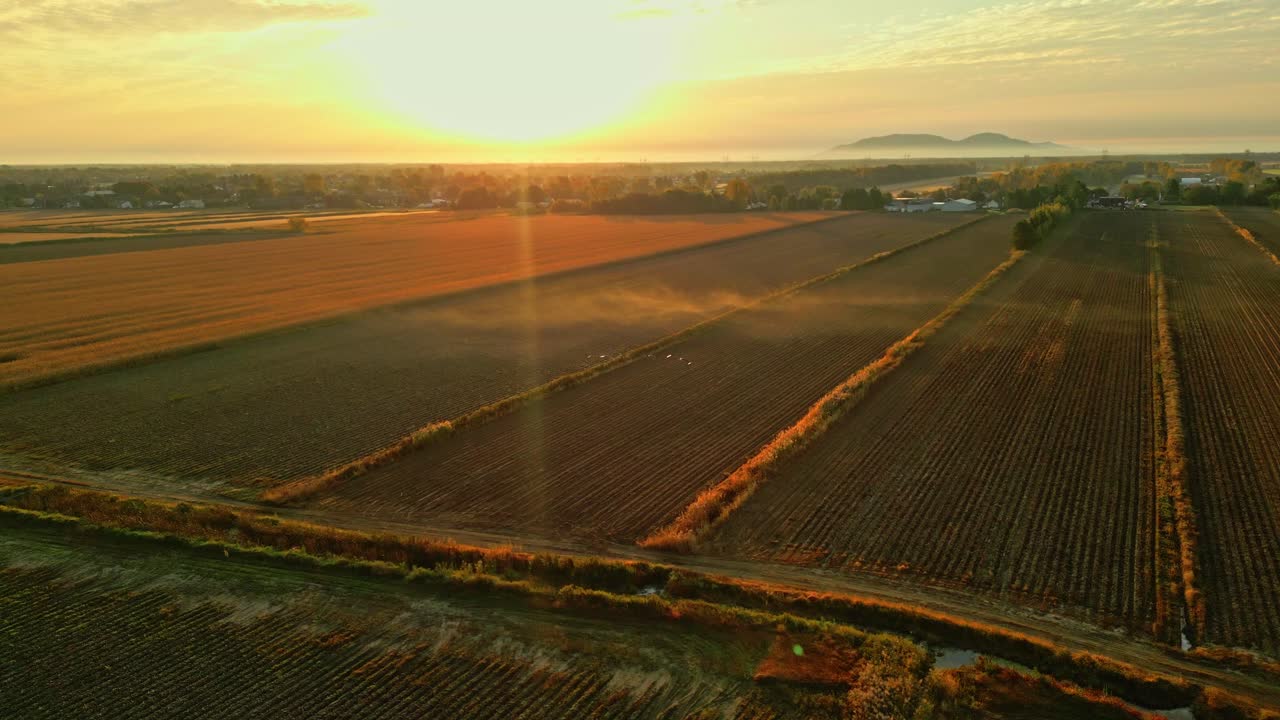 Golden hour view of expansive farmlands with sun rays illuminating the horizon, North America, Quebec, Montreal, Canada.
