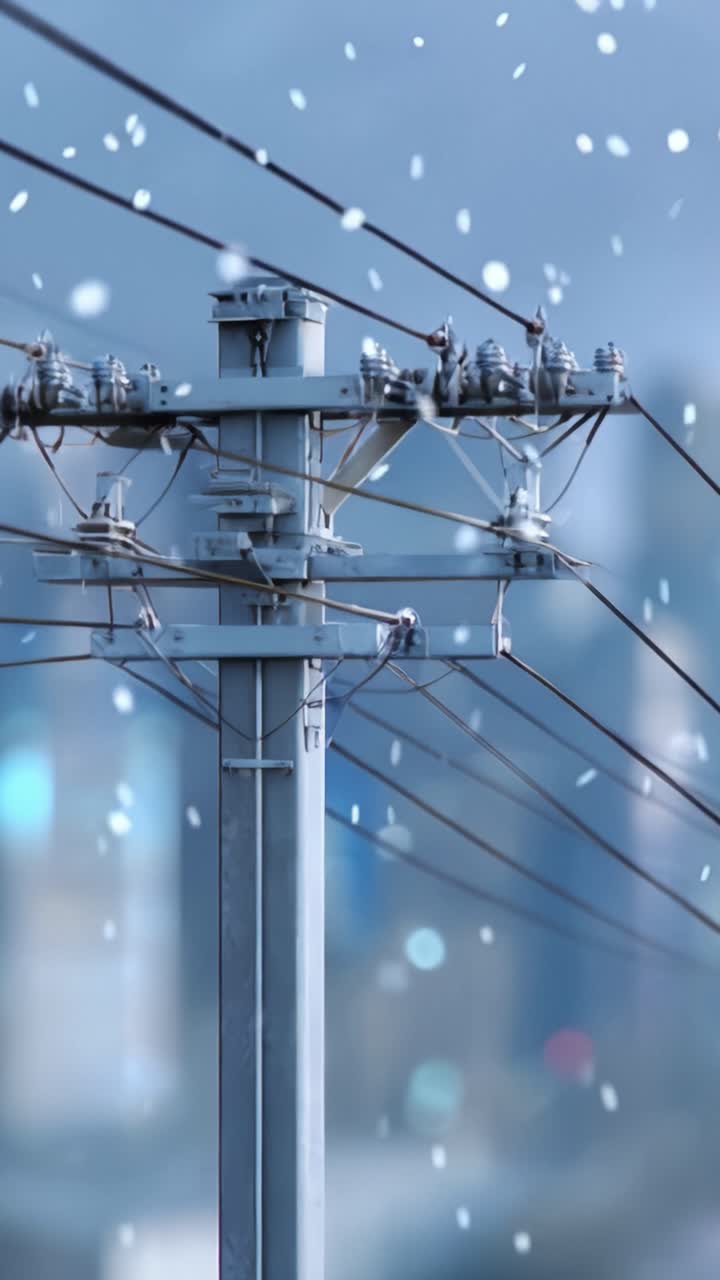 Electric Utility Power Lines and Poles Captured in Snowy Winter Conditions, Showcasing the Infrastructure and Weather Impact on Transmission Systems