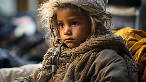 child in warm clothing sits quietly in a dimly lit room