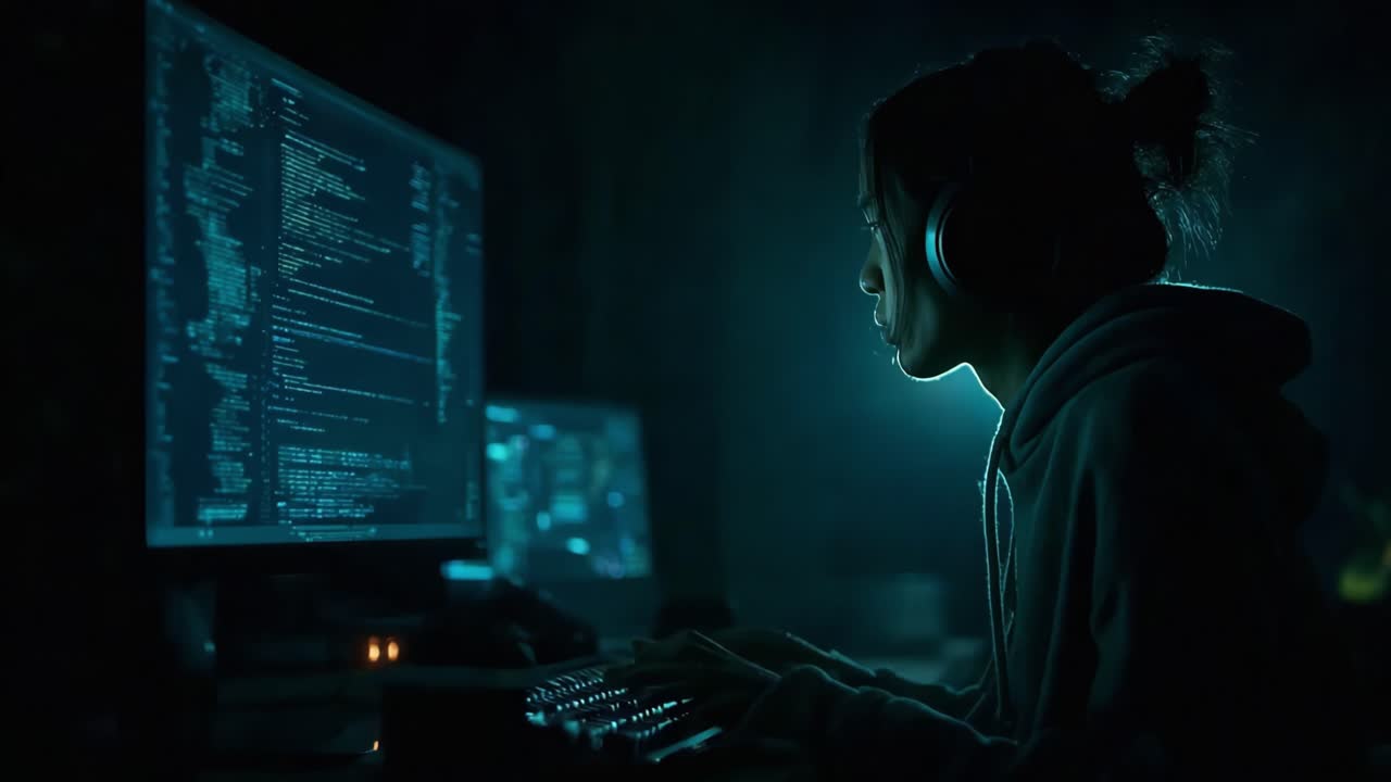 A focused individual engages in late-night coding, immersed in a digital world filled with lines of code, illuminated by the soft glow of computer screens in a dark setting
