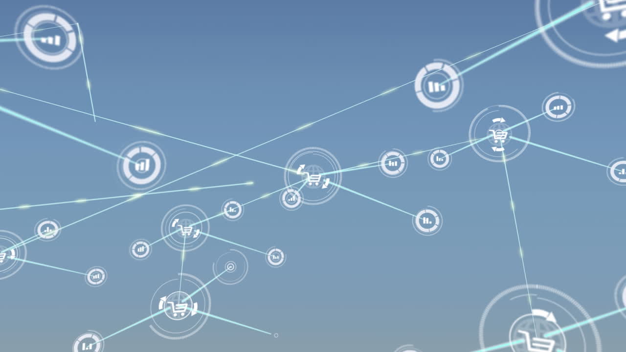 animación de una red de iconos digitales contra un fondo de gradiente azul.
