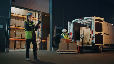 portrait of beautiful white woman worker using tablet computer in warehouse full cardboard boxes. in background professional loading cardboard boxes,  e-commerce online orders into truck. wide shot