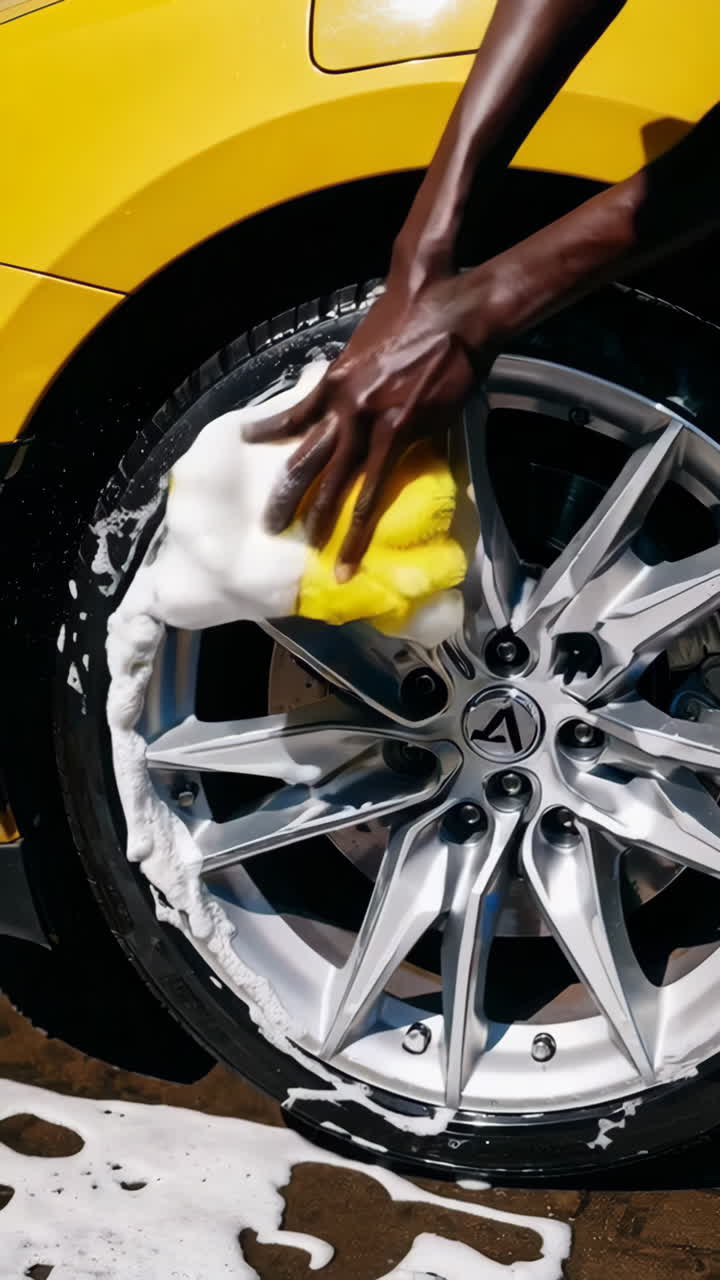 Close-up of hands cleaning a car wheel