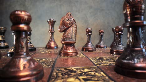 flight of the camera between vintage chess. super macro close-up.