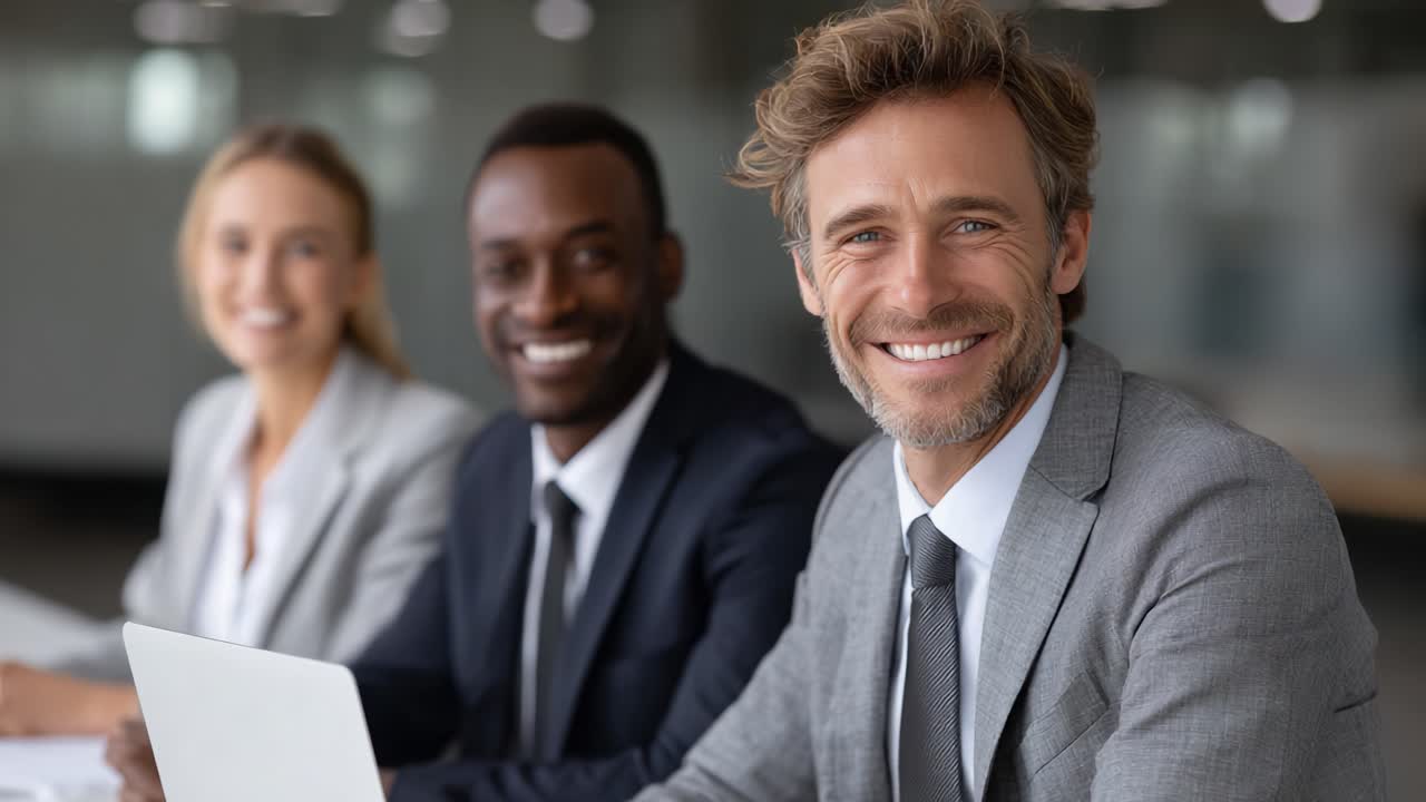 A Dynamic Trio: Professional Smiles and Collaboration in a Modern Office Setting Captured in Two Distinct Frames Showcasing Teamwork and Positivity