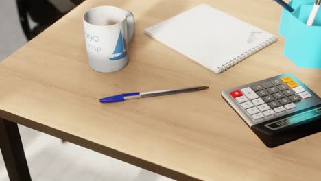 animación 3d de un bolígrafo bic azul en una mesa rodeada de equipo de papelería