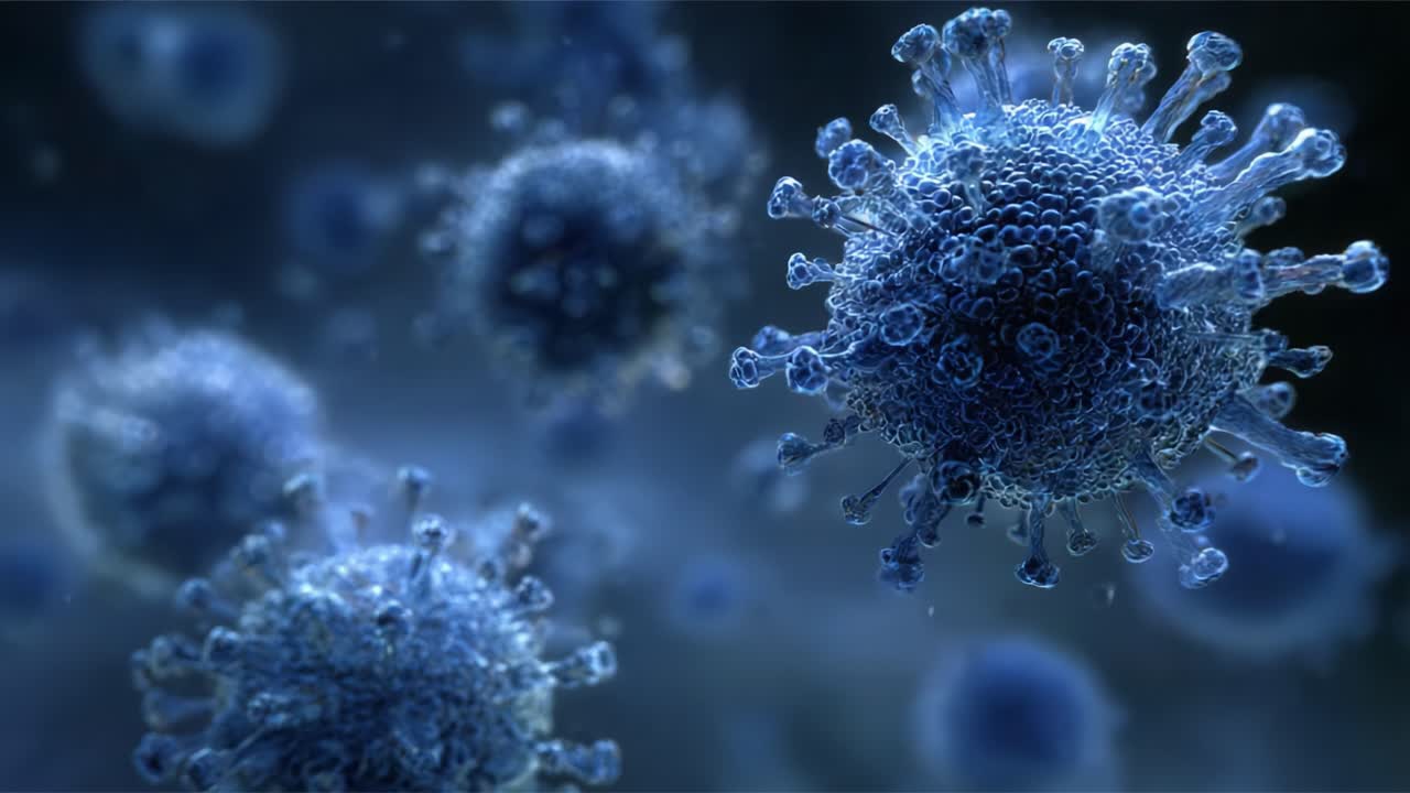 Microscopic Visualization of Virus Particles: Detailed Study and Observation of Viral Structures in a Dark, Ethereal Environment, Highlighting Their Unique Morphology and Behavior