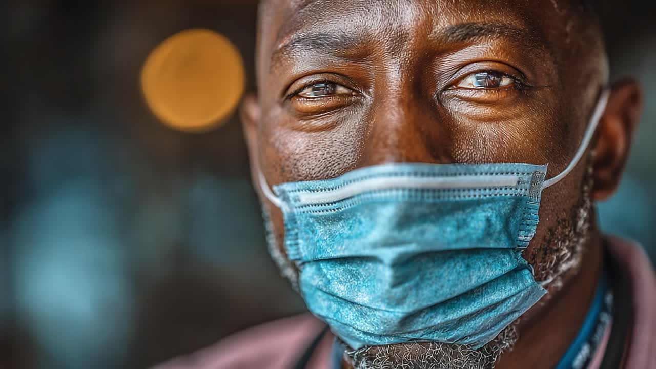 A Close-Up Portrait of a Man Wearing a Face Mask, Capturing Intense Eyes and a Gentle Expression Amidst a Softly Blurred Background