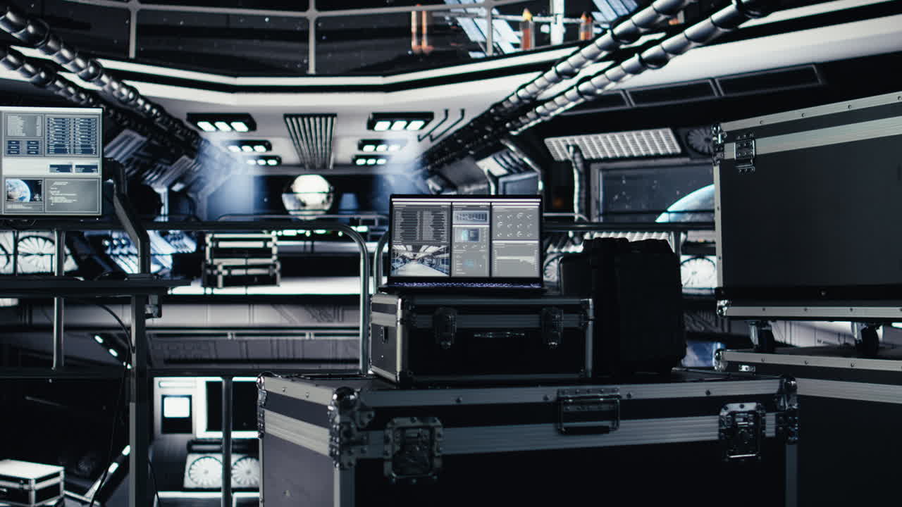 Laptop inside high tech spaceship cockpit displaying mission telemetry software