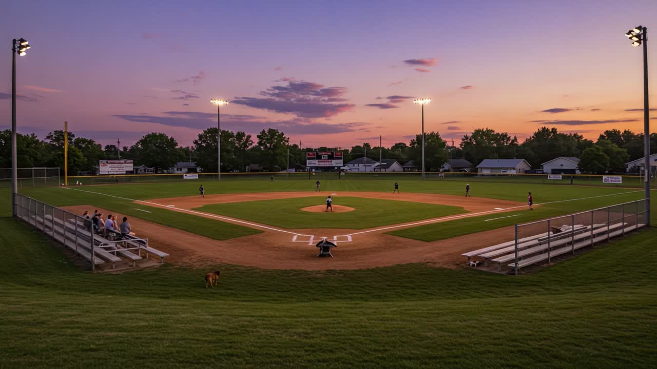 A Stunning Transition from Dusk to Night: A Baseball Field Illuminated as Players and Spectators Enjoy an Evening Game Under the Twilight Sky