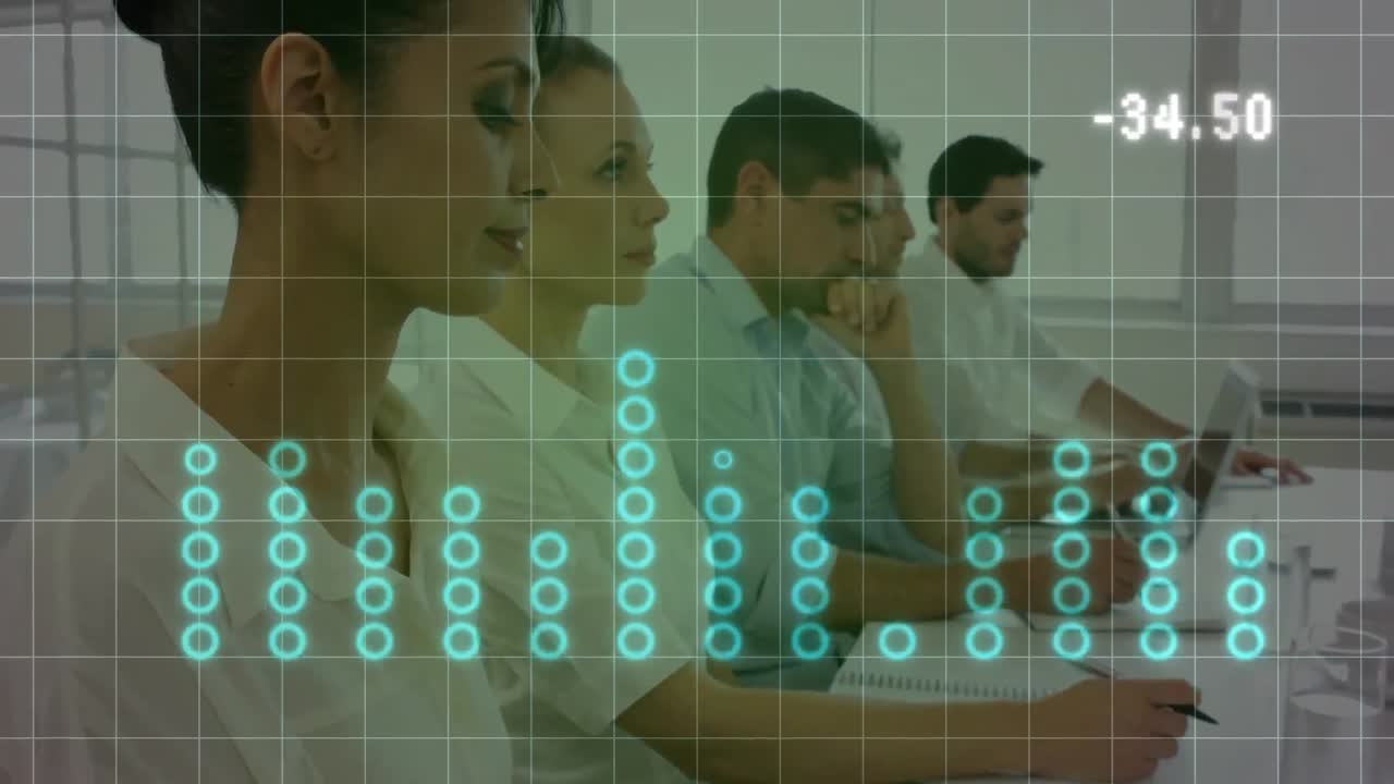 Animation of statistical data processing against diverse colleagues working at office