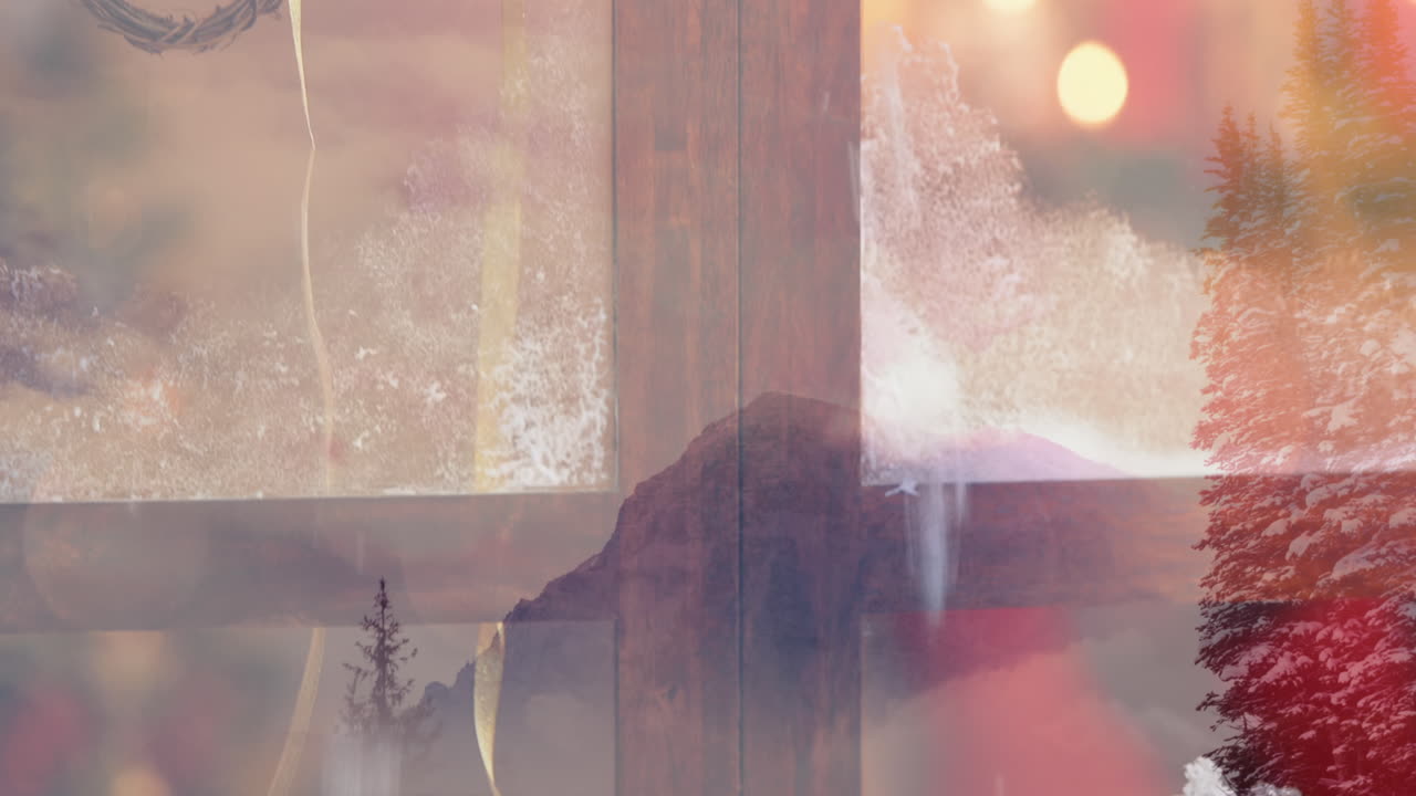 창문 을 통해 볼 수 있는 겨울 풍경 위 에 반 ⁇ 이는 요정 빛 의 애니메이션