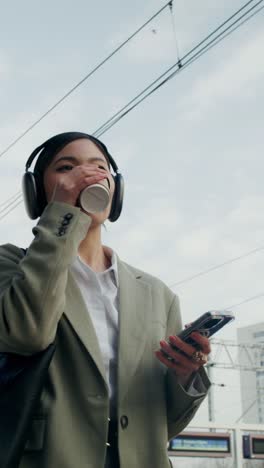 mujer viajando, usando auriculares y teléfono en la estación de tren