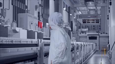 side view of asian male scientist putting hands on his hip and looking around at pharmaceutical factory, vaccine production facility