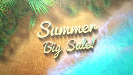 Sommer-Großer-Verkauf-Am-Strand-Mit-Tropischen-Blättern-Und-Wellen