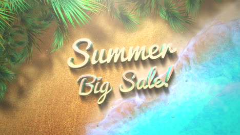 gran venta de verano en la playa con hojas tropicales y olas