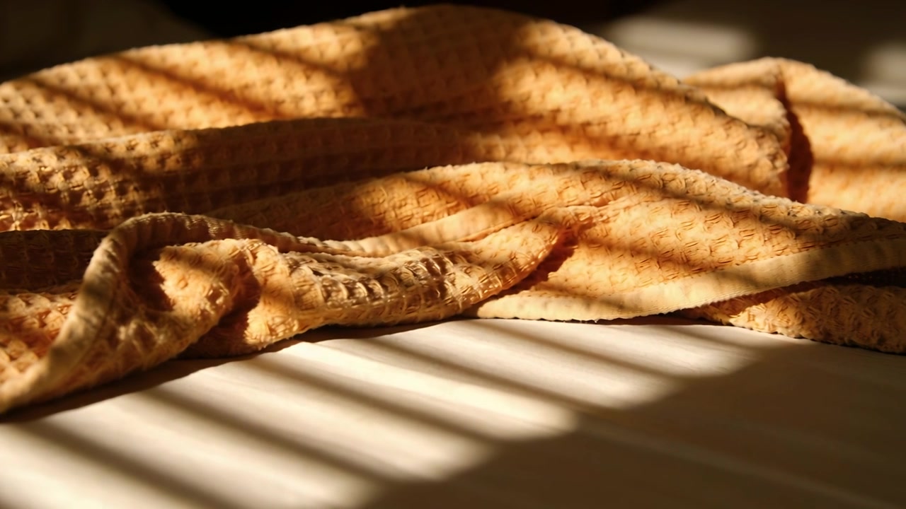Auringonvalo liukuu kaihtimien läpi luoden raitoja sängyn poikki, paljastaen sinapinvärisen peiton ja merkitsemässä ajan kulumista