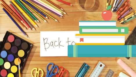 animación de cartón de mortero, libros escolares y artículos de papelería sobre el equipo de texto y arte de la escuela