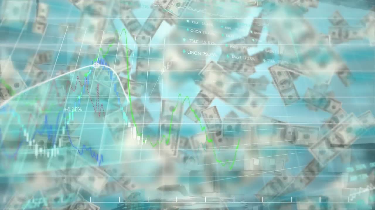 미국 달러를 떠다니는 금융 데이터 처리의 애니메이션