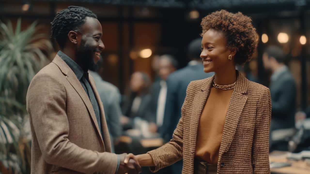 A Business Meeting Moment: Two Professionals Engage in a Friendly Handshake Amidst a Networking Event Highlighting Collaboration and Connection