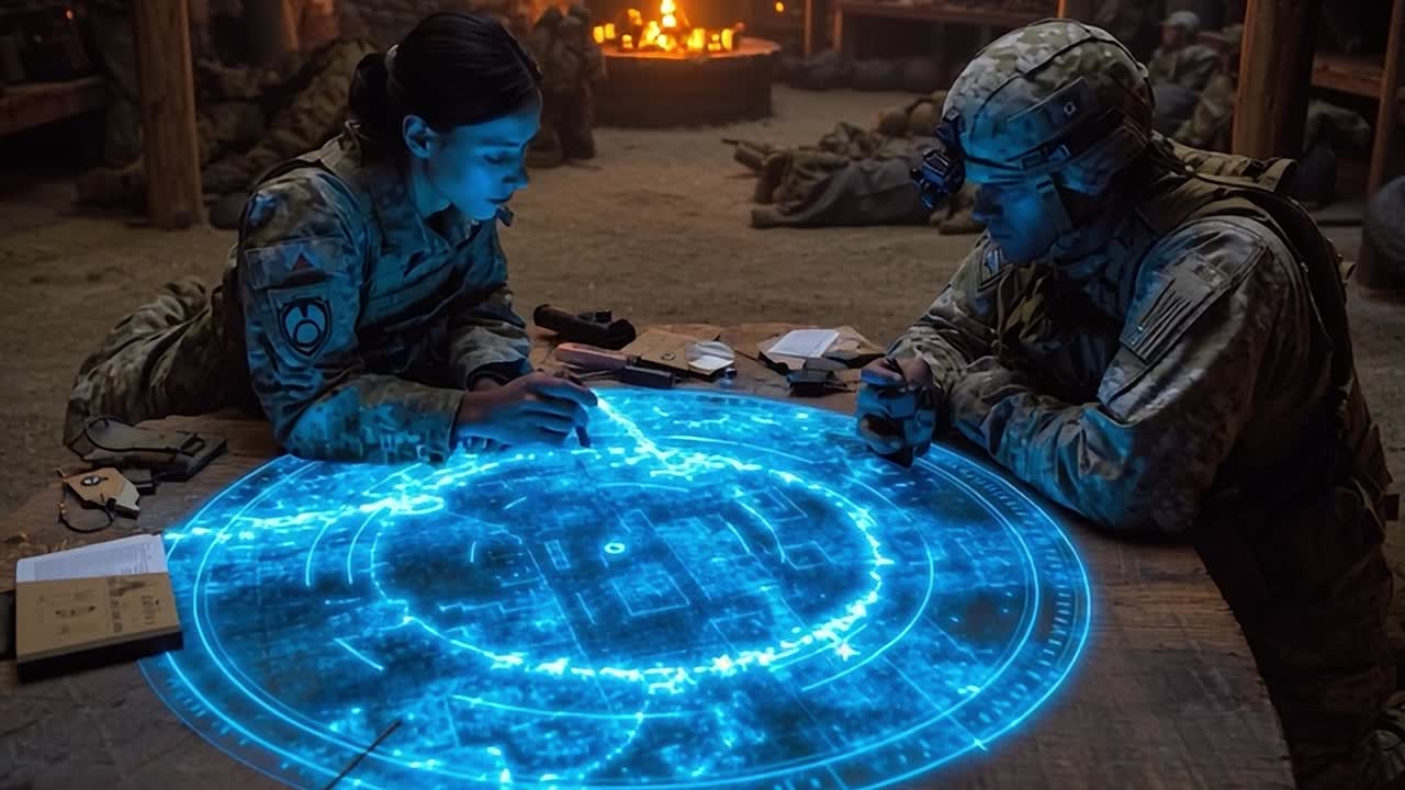 Personel militer menyusun strategi dengan teknologi canggih di pusat komando