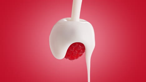 yogur cremoso encima de una frambuesa dulce y jugosa sobre un fondo rosado en cámara lenta macro