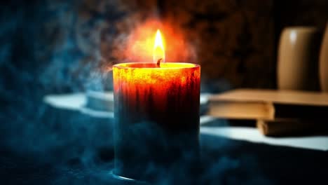 candle glowing in a dark room with smoke. a candle flickers with a warm light as smoke swirls around, creating a cozy ambiance in the dimly lit space.