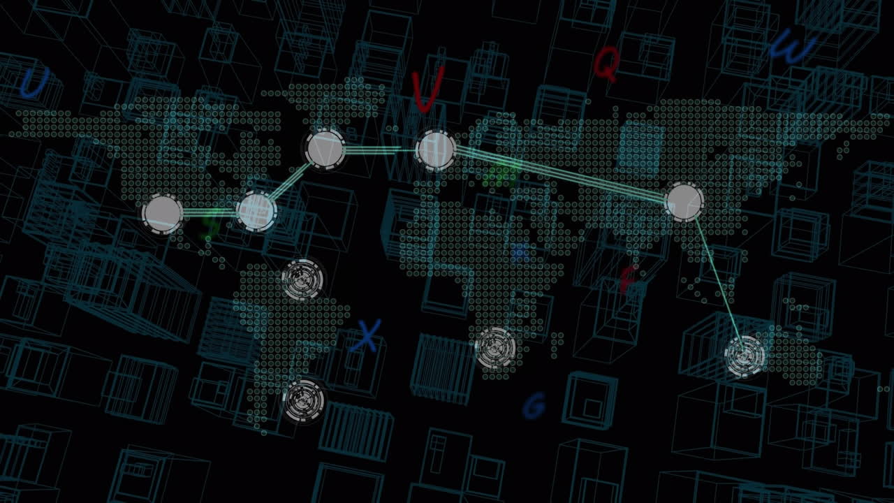 Animation of network of connected points over world map and data processing on black