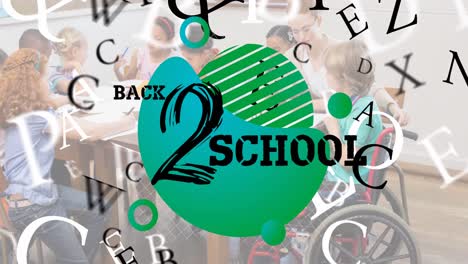 Animation-of-back-2-school-text-and-letters-over-teacher-and-class