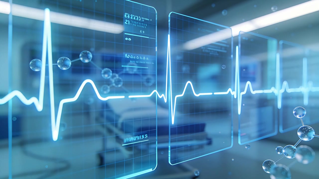 La telecamera si sposta, pannelli olografici ECG fluttuano, pulsanti con molecole in un reparto ospedaliero per il monitoraggio.