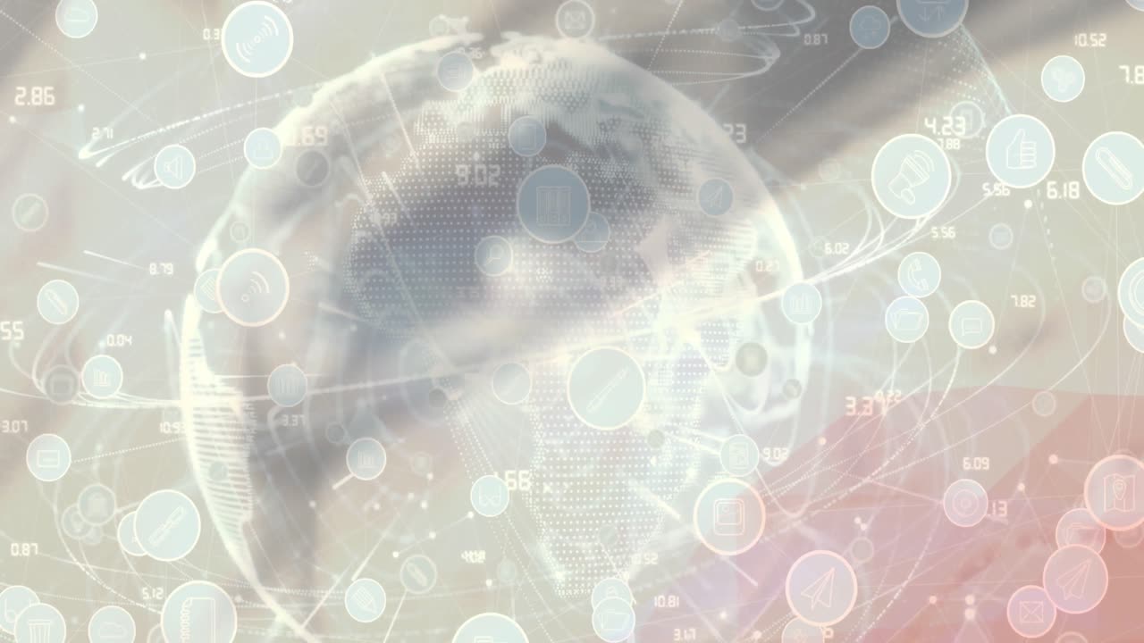 흐릿한 배경 위에 디지털 아이콘이 있는 지구의 애니메이션