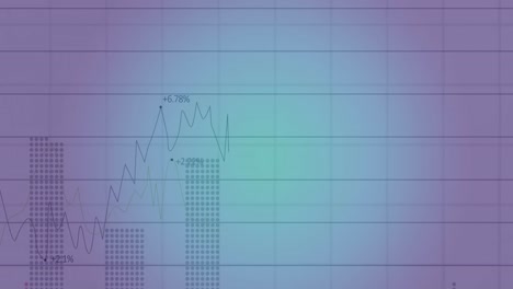 animación del procesamiento de datos estadísticos a través de la red de cuadrícula contra un fondo de gradiente púrpura