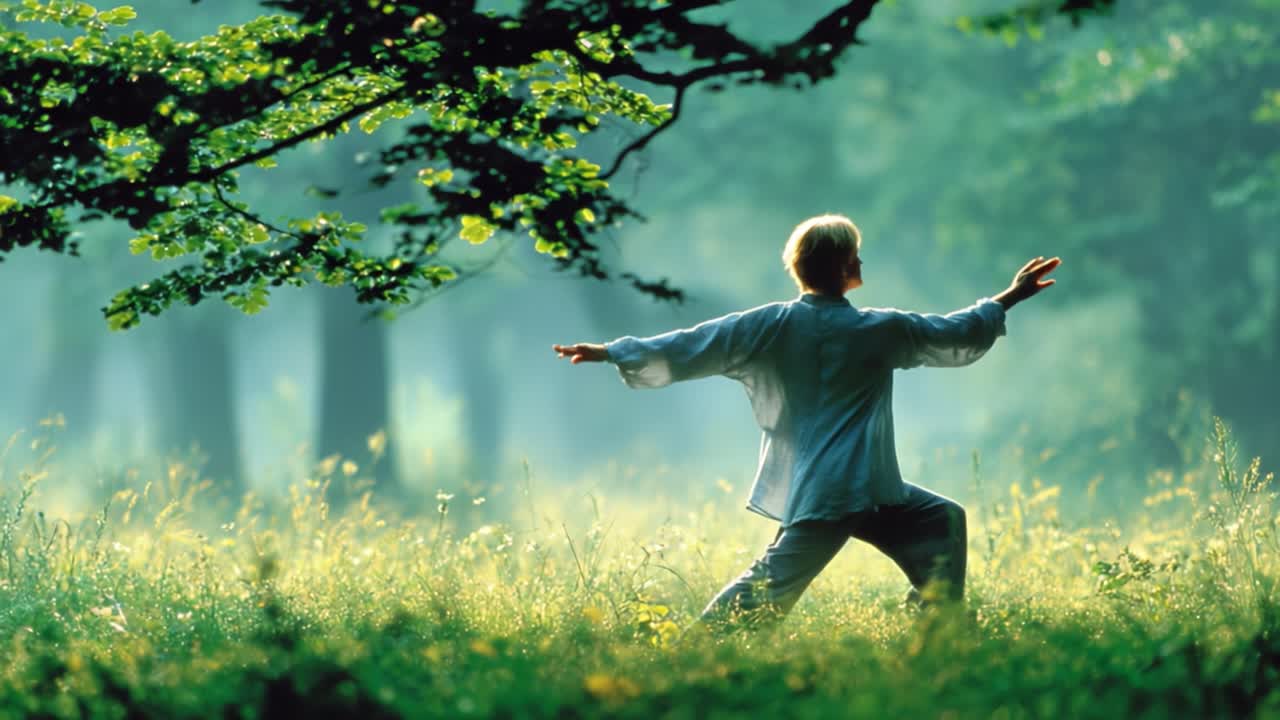 A Serene Morning in Nature: A Individual Practicing Mindful Movement Amidst Lush Greenery, Emanating Peace and Harmony with the Surroundings