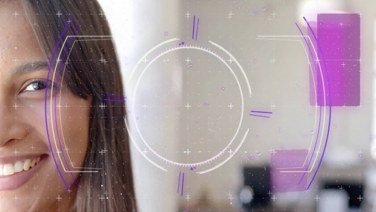 Woman smiling, smile initiating pulsing HUD reticle, purple blocks sweeping over face, showing tech