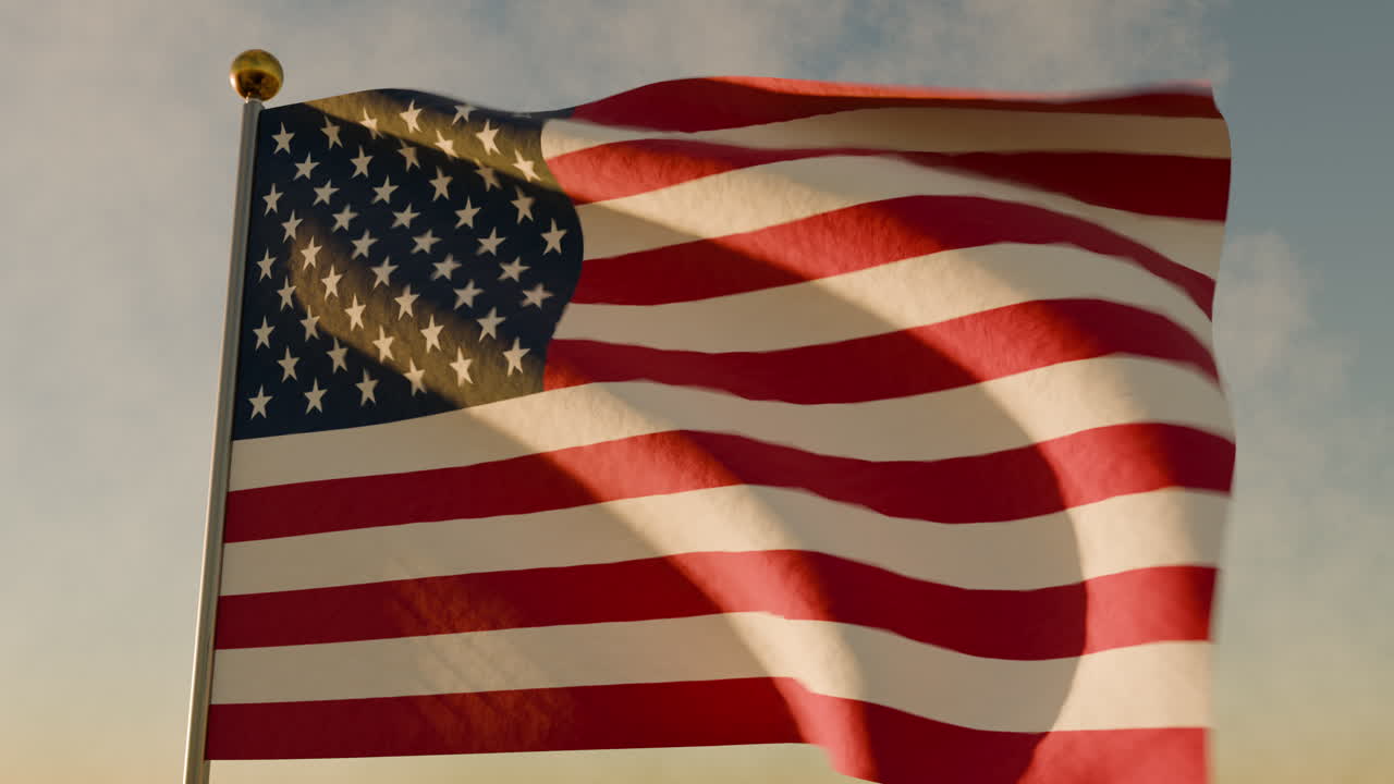 Memorial Day American Flag Waving At Sunset Sky